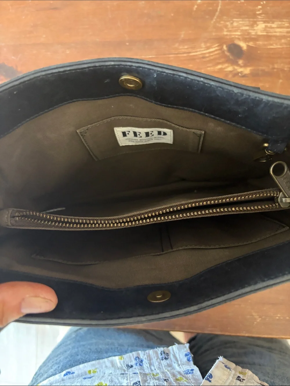 FEED Black Leather Messenger Bag with Brown Strap Web Adjustable Strap